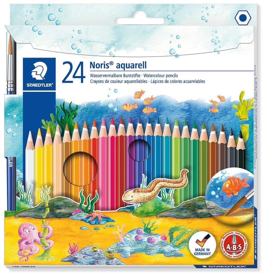 Staedtler Noris aquarell Pack de 24 Lapices de Colores Hexagonales + Pincel - Madera de Bosques Sostenibles - Colores Surtidos